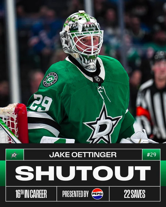 Photo of Jake Oettinger on ice in a Dallas Stars uniform.\n\nBelow is white text on a black and green background that reads: \"Jake Oettinger. #29. Shutout. 16th in career. Presented by Pepsi. 22 saves.\"