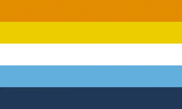 bandeira aroace(arromântica assexual)
5 listras horizontais nas seguintes cores:
laranja
amarelo mostarda
branco
azul claro
azul escuro