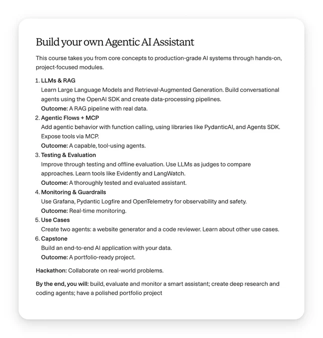 Course outline for building an AI assistant, detailing modules on LLMs, agent behavior, testing, and project completion.