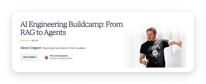 AI Engineering Buildcamp promotes a course led by Alexey Grigorev, featuring a popular rating and student enrollment details.