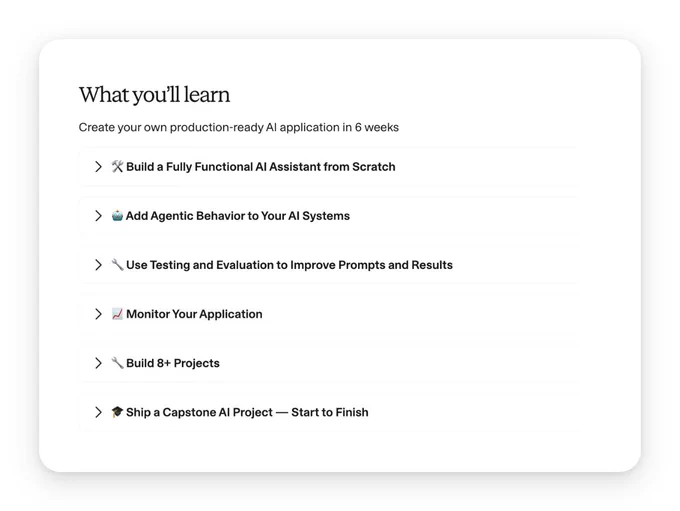 The content outlines key learning objectives for an AI engineering course, including building applications and monitoring performance.