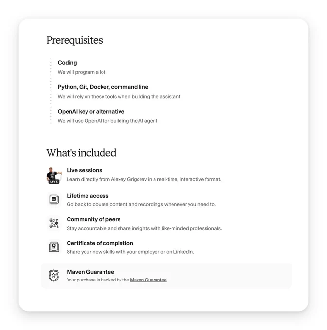 Prerequisites and features for an AI Engineering Buildcamp, including coding skills, live sessions, community, and completion certificate.