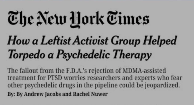 The header for the New York Times article titled, "How a Leftist Activist Group Helped Torpedo a Psychedelic Therapy."