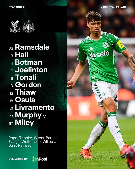 Newcastle United v Palace: Ramsdale, Hall, Botman, Joelinton, Tonali, Gordon, Thiaw, Osula, Livramento, Murphy, Miley
