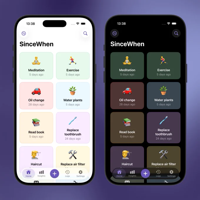 SinceWhen app light mode and dark mode display