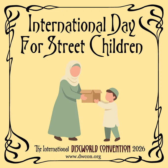 Pale yellow square background with black art nouveau border and text reading "International Day for Street Children".  Below it sits a cartoon of a person handing an open cardboard box to a child