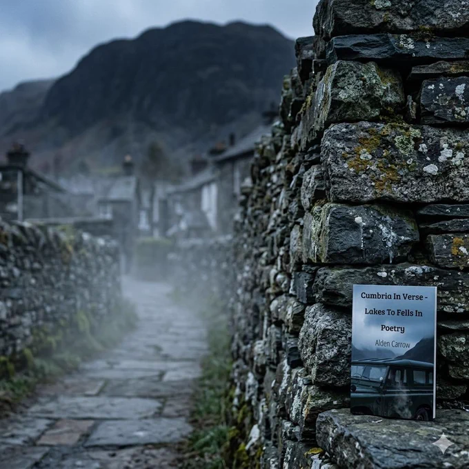 A cinematic, high-resolution photograph capturing the atmospheric tension of a February afternoon in Hawkshead, Cumbria. The focus is on the material contrast between a weathered, ancient dry-stone wall (showing detailed textures of lichen and grey slate) and a soft, ethereal mist settling like heavy silt over the village path. In the background, the blurred, dark silhouette of a fell looms, representing geological permanence. The lighting is cold and diffused, emphasizing the tactile grit of the stone against the fleeting dampness of the air. Muted palette of charcoal, slate blue, and moss green. Professional photography, 8k, moody and grounded.