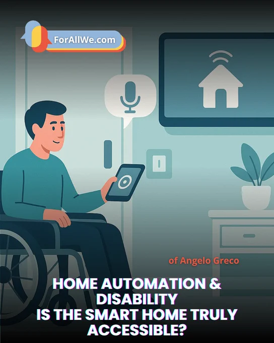 Illustrazione di una persona in sedia a rotelle che controlla una casa intelligente con uno smartphone. Sullo sfondo compaiono un comando vocale, un monitor con icona della smart home e il titolo dell’articolo: “Domotica e disabilità: la casa intelligente è davvero accessibile?”.
Illustration of a wheelchair user controlling a smart home with a smartphone. In the background there is a voice-control symbol, a screen with a smart home icon, and the article title: “Home automation and disability: is the smart home really accessible?”