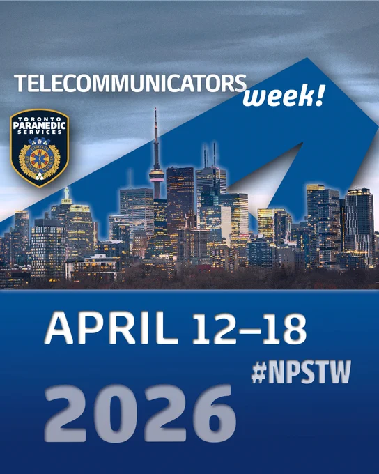 Toronto skyline at dusk highlighting Telecommunicators Week from April 12-18, 2026, featuring Toronto Paramedic Services logo.
