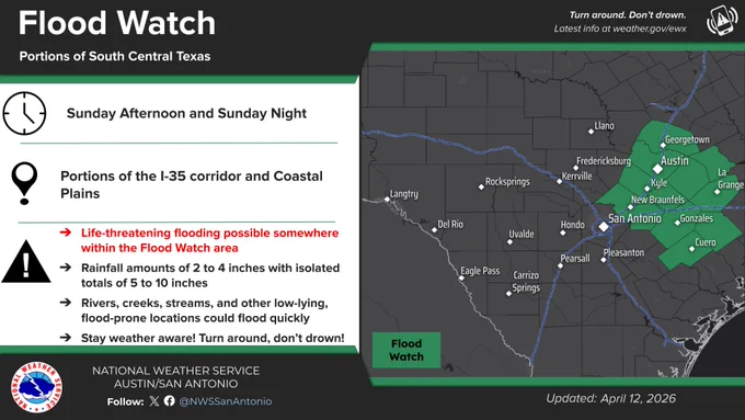Graphics of a a Flood Watch that has been issued for portions of the I-35 corridor and inland Coastal Plains. 