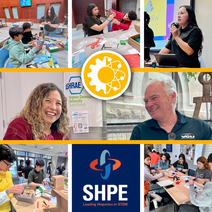 Photos of students, Dr. Karla Mossi, and Senator Tim Kaine, all at the SHPE Dia De Ciencias event at VCU COE. Included is a gold MNE logo and the SHPE logo with subtext reading, Leading Hispanics in STEM.”