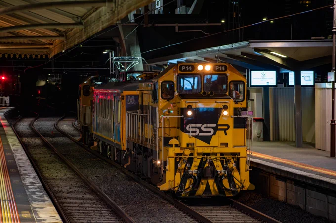 SSR's P class in push-pull configuration, takes IEV102 through North Melbourne platform 6 on it's way to Newport.