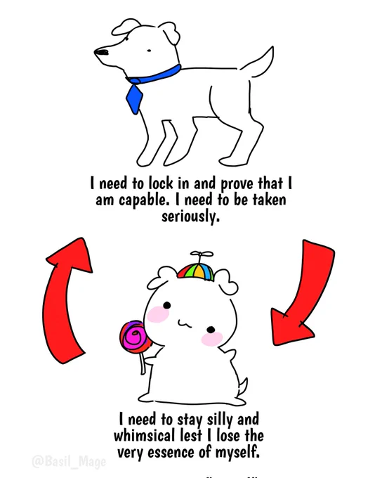 A drawing of a realistic dog wearing a tie saying; "I need to lock in and prove that I am capable. I need to be taken seriously." While a drawing of a cartoon dog says; "I need to stay silly and whimsical lest I lose the very essence of myself." Perpetrating an endless cycle 