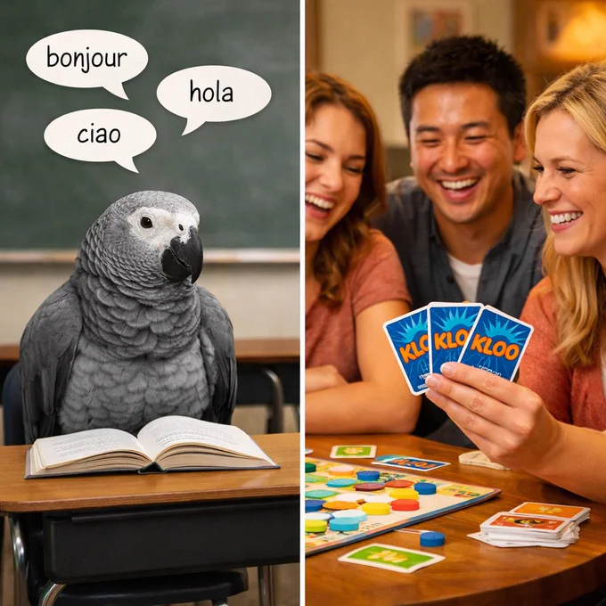 Split image contrasting language learning approaches: a parrot repeating words from a textbook on one side, and people actively learning through a fun language game with KLOO cards on the other.