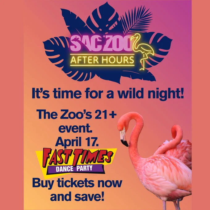 Join us for Sac Zoo's 21  Zoo After Hours event featuring Fast Times on Friday April 17 6-9pm
Get the group together, dance the night away, enjoy the sights & sounds of the Zoo after hours. A variety of delicious food options & both non-alcoholic & adult beverages will be available for purchase.
Don’t miss this unique, adult-only evening at the Sac Zoo. Tickets are limited, but the fun won’t be!
Get a free Fast Times Sticker while you're there, while supplies last.
More Info & Tickets: http://www.fasttimesrocks.com/
Fast Times Links:
http://www.fasttimesrocks.com/
http://www.facebook.com/FastTimesRocks
https://www.instagram.com/fasttimesrocks/
http://twitter.com/fasttimes80s
http://www.youtube.com/fasttimes80s
http://www.linkedin.com/company/fast-times
https://www.threads.net/@fasttimesrocks
https://bsky.app/profile/fasttimesrocks.bsky.social
http://www.fasttimes80s.com/

#FastTimes 
#FastTimes80s 
#FastTimesBand 
#SacZoo
#SacramentoZoo
#FastTimesRocks 
#FastTimesDanceParty 
#FastTimes