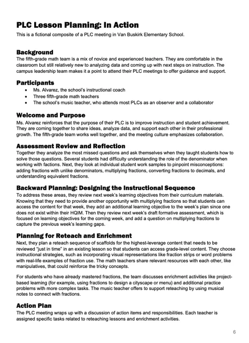 Screenshot of the linked resource, PLC Lesson Planning: In Action