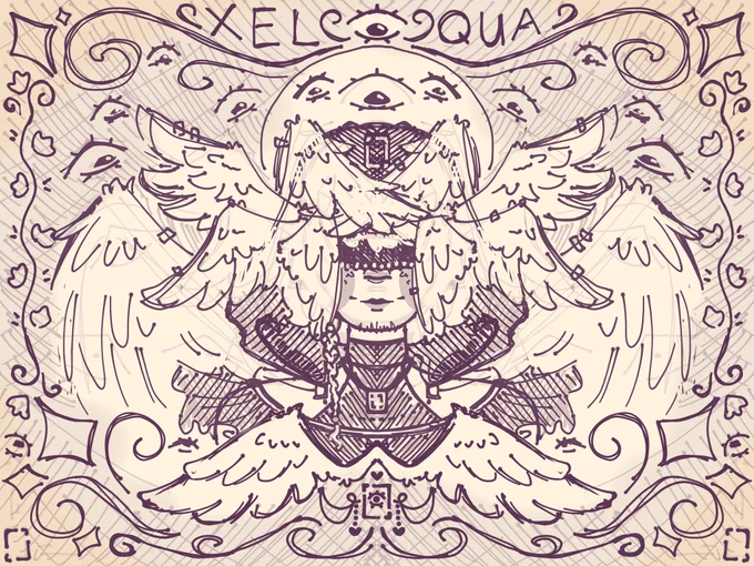 A bust of Xelqua (Watcher Grian) in purple robes embedded with multiple broken portal symbols, aka the watcher insignia. A pair of wings sprout from his back and four sets of smaller wings, that emerged from the sides of his face, cover most of it. He is smiling slightly, as multiple eyes surround him, gaze fixed on him.