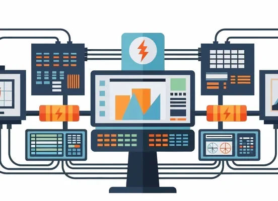 Illustration of interconnected control panels and monitors displaying various charts and data visualizations, representing an industrial or energy management system