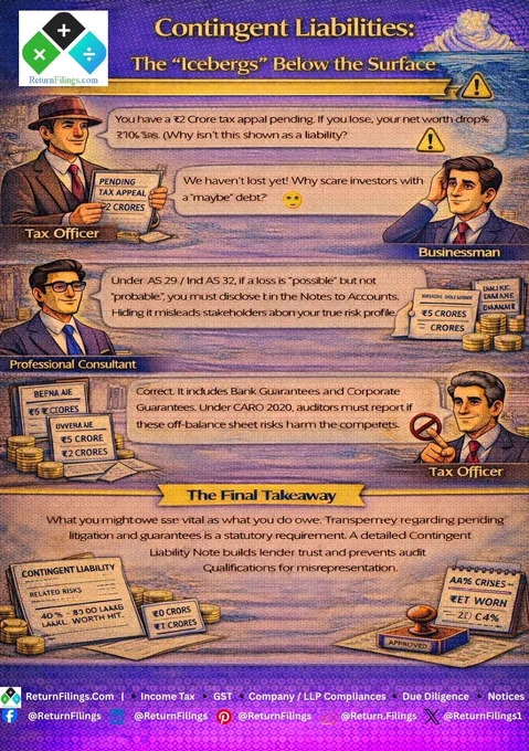 Image provided by ReturnFilings.Com it contains "We haven't lost the case yet!" 🗣️
In tax law, a "maybe" debt is just as important as a real one. ⚠️

Contingent liabilities like pending lawsuits or bank guarantees are financial icebergs. 📉 If they aren't disclosed in your Notes to Accounts, you're misrepresenting your company’s health to investors and banks. 🚫

Under CARO 2020, auditors must flag these off-balance sheet risks. 🛡️ Use the March window to reconcile your legal and guarantee registers. Clear disclosure today keeps your audit report clean and your reputation solid! ✨

#ReturnFiling #Returnfilings #ContingentLiability #TaxAppeal #StartupCompliance #FinanceFacts #AuditDefense #RiskProfile