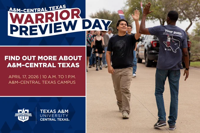 An outdoor event at A&M-Central Texas labeled "Warrior Preview Day." A crowd walks on a pathway, and two people high-five. Text provides event details: April 17, 2026, from 10 a.m. to 1 p.m. at A&M-Central Texas Campus. A logo for Texas A&M University‑Central Texas is visible.