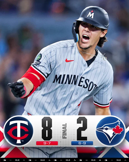 Final Score Graphic
Minnesota Twins 8 (9-7), Toronto Blue Jays 2 (6-9)
Pictured: Tristan Gray celebrates after hitting a 3-run home run. He wears a gray pinstriped Twins jersey with a dark blue batting helmet.