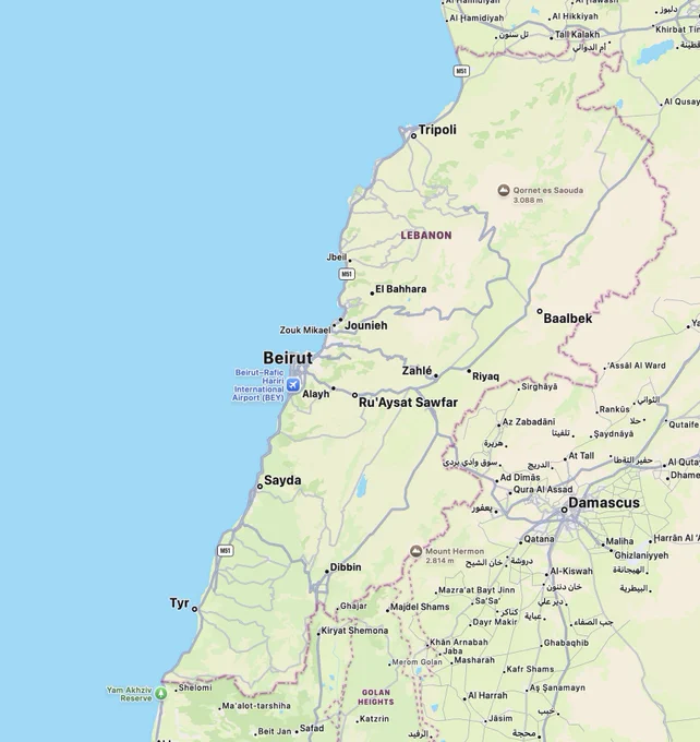 Carte Apple Liban (capture d'écran du 12/04/2026, 22h58) Ne restent que quelques grandes villes mentionnées (comparez avec les nombreux villes et villages affichés en Syrie et au Nord d'Israël)