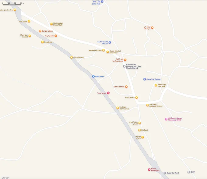 Exemple en gros plan carte Apple de Qana, ville de 10 000 habitants, à 12km de la frontière avec Israël. Zéro noms de rue, zéro indication qu'il s'agit de Qana. Ne reste que les infos privées ajoutés (magasins, centre onusien, etc.)