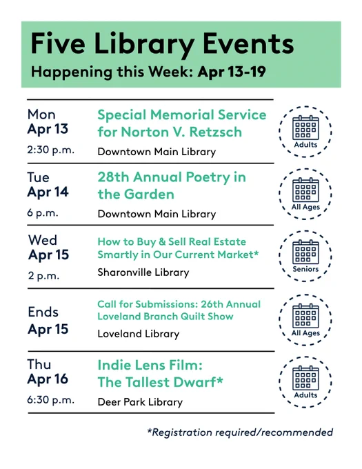 Five library events happening the week of April 13-19. Events include: Special Memorial Service for Norton V. Retsch at Norton Main Library on April 13, 2:30 p.m.; 28th Annual Poetry in the Garden at Downtown Main Library on April 14, 7 p.m.; "How to Buy & Sell Real Estate Smartly in Our Current Market" at Sharonville Library on April 15, 6:30 p.m.; Call for Submissions for the 26th Annual Loveland Branch Quilt Show ends April 15; and Indie Lens Film: "The Tallest Dwarf" at Deer Park Library on April 16, 3 p.m. Age suitability varies. Registration recommended for some events.