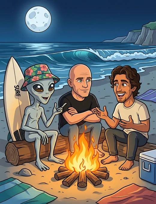Noite clássica de surf… só que com participação intergaláctica 👽🌊