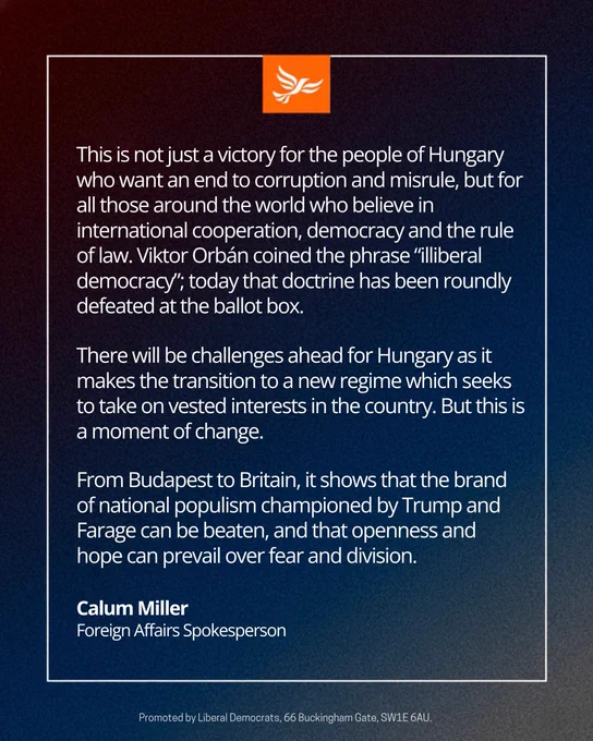 Statement from Calum Miller on Viktor Orbán’s defeat in Hungary.