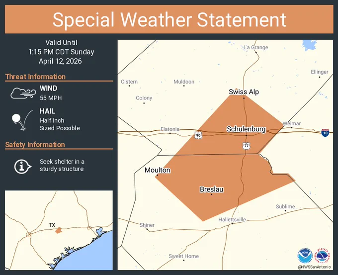 This graphic displays a special weather statement plotted on a map. The statement is in effect until 1:15 PM CDT.  The statement includes Schulenburg TX, Moulton TX and  Swiss Alp TX.  A strong thunderstorm will impact portions of south central Fayette and northwestern Lavaca Counties through 115 PM CDT. The threats associated with this storm are wind gusts up to 55 MPH and half inch sized hail. Seek shelter in a sturdy structure until the storm passes.