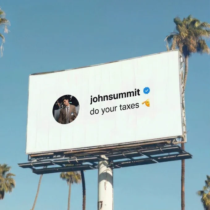 Billboard surrounded by palm trees, suggesting it's at Coachella music festival. The image on the billboard is a social media comment authored by DJ John Summit. The comment says do your taxes. 