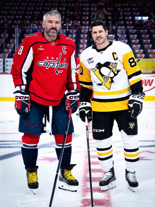 Alex Ovechkin and Sidney Crosby pose for a photo pregame. 