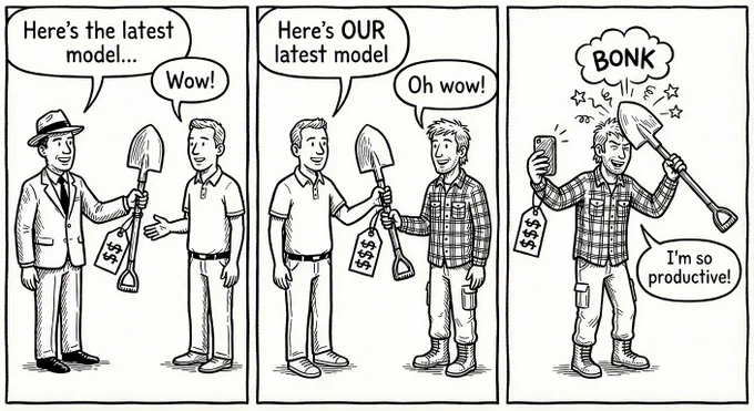 This black and white three-panel cartoon satirizes consumerism and productivity trends.

In the first panel, a man in a suit and fedora hands a shovel with a price tag showing two dollar signs to a man in a polo shirt, saying, "Here's the latest model..." The recipient responds with a wide-eyed "Wow!"

The second panel shows the man in the polo shirt handing the same shovel to a man in a flannel shirt. The price tag has increased to three dollar signs. The seller says, "Here's OUR latest model," and the buyer excitedly replies, "Oh wow!"

In the final panel, the man in the flannel shirt is shown alone, hitting himself on the head with the shovel's blade while smiling broadly. He holds up a smartphone in his other hand to film the act. A jagged speech bubble above him says "BONK" with stars around his head, and his dialogue bubble reads, "I'm so productive!"