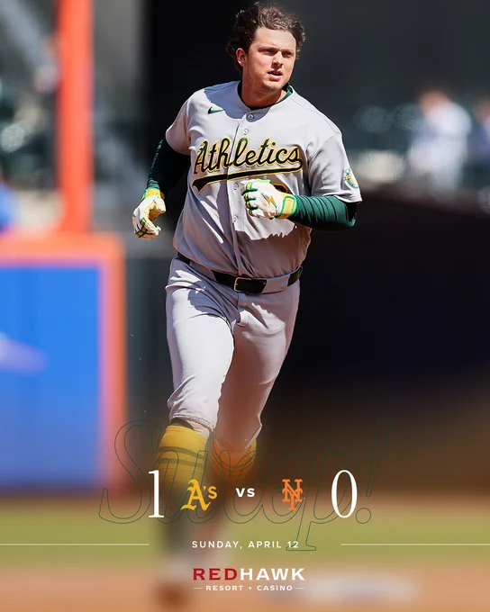 A graphic with the text “Sweep” and the final score A’s 1, Mets 0. A picture of Nick Kurtz in the background.