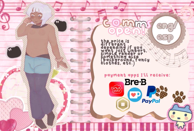 Comms open- English and Spanish 

The price is different depending if you want just lineart, simple render or something else (background, fancy or difficult clothe, etc) / this isn't in the picture but I can also do flat color 

Payment apps I'll receive:
Bre-b, daviplata, Paypal, Kofi, Roblox (robux)