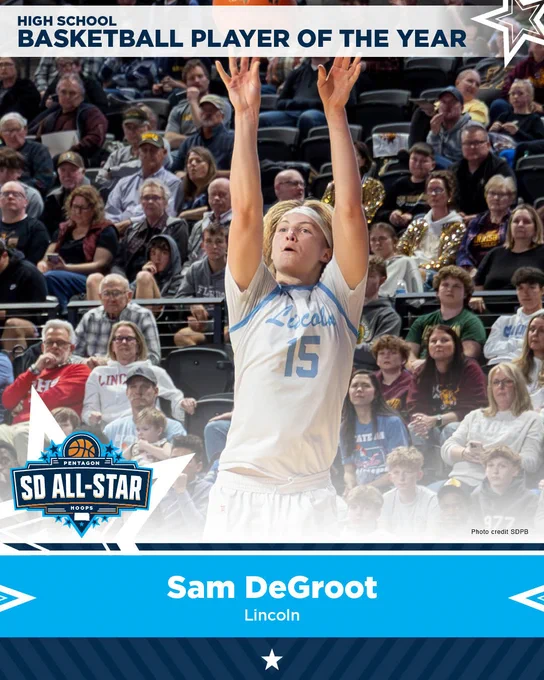 High school basketball player in action during a game. The player is wearing a jersey with the number 15 and the name 'Lincoln.' A crowd is visible in the background with a banner that reads 'High School Basketball Player of the Year.' The name 'Sam DeGroot' is displayed at the bottom.