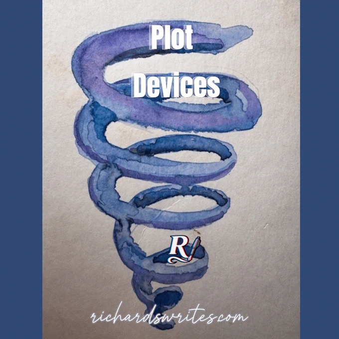 Watercolor of a coil with digital words added "Plot Devices" and "richardswrites.com" and the logo of an R with a Pen.