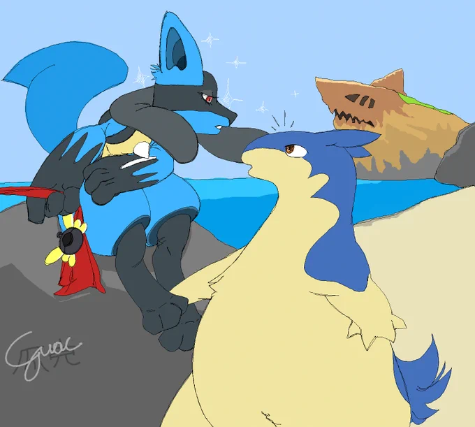 typhlosion and lucario on the beach, shapedo bluff on the background