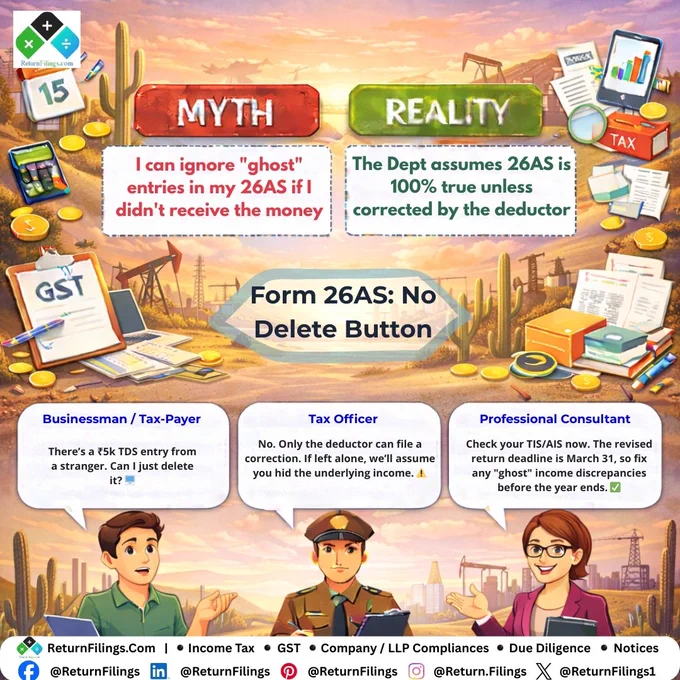 Image provided by ReturnFilings.Com it contains Is there a "Ghost" in your Tax File? 🖥️👻✨

The Myth: "I'll just ignore that random ₹5,000 TDS entry since it's not my income."
The Reality: There is NO delete button in Form 26AS. If an entry is there, the Tax Dept expects to see that income in your ITR. 📉🛑

How to fix it in 2026:
1️⃣ AIS Feedback: Go to the "AIS" tab and flag the entry as "Information relates to another PAN." 🚩
2️⃣ The Deductor: Contact the company that deducted the tax. Only they can file a correction to remove it from your 26AS. 📞
3️⃣ March 31 Deadline: You have until the end of March to revise your return and match your 26AS/AIS perfectly. ⏳✅

Clean up your records before the Tax Man knocks! 🛡️💼

#ReturnFiling #Returnfilings #TaxSeason #IncomeTaxIndia #AIS #TIS #MoneyManagement #TaxTips #Compliance