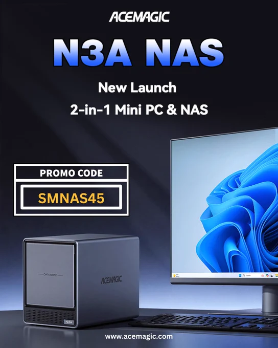 ACEMAGIC N3A NAS｜Compute and Storage in One with Up to 136TB Support — Now Available 🚀  
Up to 136TB, Ryzen™ power, ECC support, and full customization ⚡💾

Our new ACEMAGIC N3A NAS brings enterprise‑level capability to creators, pros, and advanced home users. Powered by the AMD Ryzen™ Embedded R2544 with integrated Radeon™ Graphics, it delivers stable performance for NAS, home server, and workstation tasks — plus triple‑display output for productivity.

A compact, customizable powerhouse — built for those who want full control over their setup.

📖 https://acemagic.com/blogs/events/acemagic-n3a-nas-launch

🏷️ Discount code to enjoy $45 OFF: SMNAS45
🛒 https://acemagic.com/products/n3a-mini-pc

#ACEMAGICN3A #NAS #ACEMAGICNAS #HomeServer #StorageSolution #DataStorage