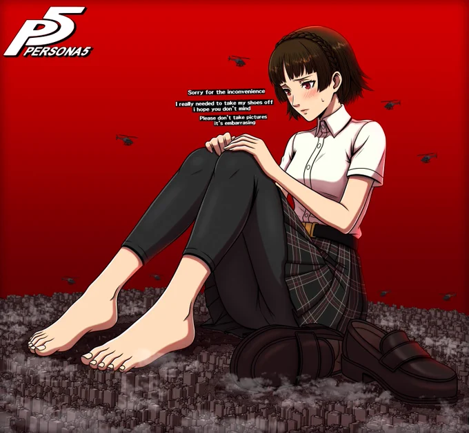 Makoto sitting in the middle of the city, feeling embarrassed because of all the little people staring at her, having her shoes off doesn't help either
