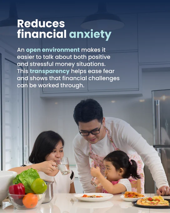 Comenity graphic showing family having a meal, with title \u201CReduces financial anxiety\u201D\n