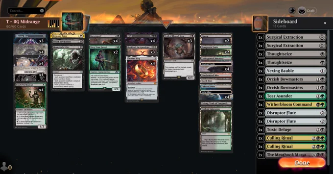 Deck
4 Ancient Tomb (EOS) 1
4 Barrowgoyf (M3C) 102
1 Bloodstained Mire (KTK) 230
3 Chrome Mox (SPG) 0
4 Dark Ritual (FCA) 8
4 Deathrite Shaman (RTR) 213
4 Fatal Push (FCA) 9
4 Grief (SPG) 46
1 Marsh Flats (MH2) 248
2 Overgrown Tomb (GRN) 253
1 Polluted Delta (KTK) 239
4 Reanimate (OTP) 18
3 Sheoldred, the Apocalypse (DMU) 107
4 Strip Mine (EOS) 40
2 Swamp (ANA) 5
4 The One Ring (LTR) 246
1 Demonic Tutor (STA) 27
3 Troll of Khazad-dûm (LTR) 111
1 Underground Mortuary (MKM) 271
1 Urborg, Tomb of Yawgmoth (PIO) 118
1 Verdant Catacombs (MH2) 260
2 Wary Zone Guard (Y25) 18
1 Sheoldred's Edict (ONE) 108
1 Orcish Bowmasters (LTR) 103

Sideboard
2 Culling Ritual (STX) 172
2 Disruptor Flute (MH3) 209
2 Orcish Bowmasters (LTR) 103
2 Thoughtseize (AKR) 127
1 Toxic Deluge (MH3) 277
2 Surgical Extraction (OTP) 19
1 Vexing Bauble (MH3) 212
1 The Meathook Massacre (MID) 112
1 Tear Asunder (DMU) 183
1 Witherbloom Command (STX) 248