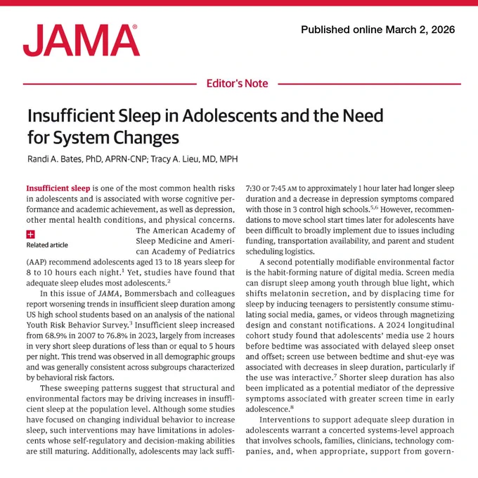 JAMA cover: \"Insufficient Sleep in Adolescents and the Need for System Changes\" by Randi A. Bates, PhD, APRN-CNP; Tracy A. Lieu, MD, MPH. Published online March 2, 2026. Article discusses health risks and screen media's impact on adolescent sleep.