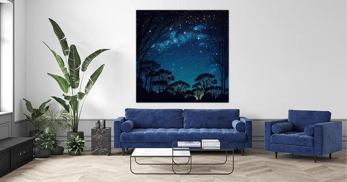 A vibrant vector illustration of a starry night sky featuring a dark blue background filled with twinkling stars. Silhouetted trees line the horizon in bold, simple shapes, creating a striking contrast against the sky. Designed in a clean, cartoon-inspired style with no ground shadows or gradient shading, the image emphasizes sharp lines, high contrast, and vivid saturation. This high-resolution, high-definition artwork offers crisp detail and bold visual impact—perfect for prints, posters, and digital designs with a magical nighttime theme.