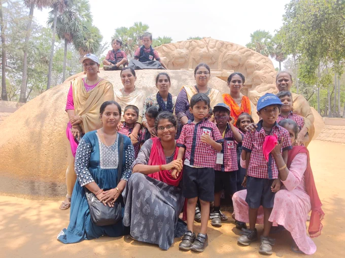 Children with Special Needs (ECSE Unit) along with their parents visited India's cultural heritage site Tiger Cave, Mahabalipuram, during the exposure visit 2026.