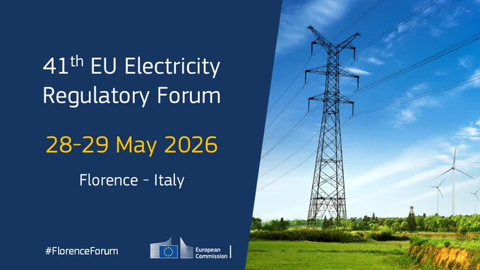 41th EU Electricity Regulatory Forum 28-29 May 2026, Florence - Italy. On the right, a photo of an electric pylon and wind turbines in a green field against blue sky.
