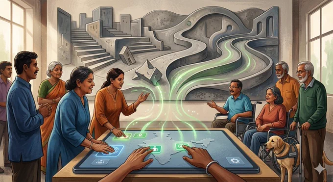 A group of people, including wheelchair users and a service dog, gather around a large digital map of India in a brightly lit room. They interact with glowing green icons on the tablet. On the wall behind them is a large artwork that shows a contrast: a grey, blocky section of steep stairs transitioning into a smooth, winding ramp with a green pathway. This transition is visualized by green energy beams connecting the digital icons on the tablet to the accessible ramp on the wall. The scene symbolizes a community workshop focused on using digital tools to map and improve accessibility.