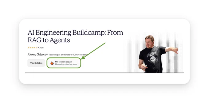 A man gestures energetically while promoting the AI Engineering Buildcamp, highlighting 22 recent enrollments.